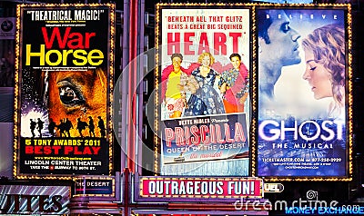 Times Square Branding advertising movie musical film posters billboards Editorial Stock Photo