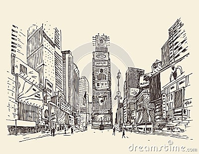 Times Square, street in New York city engraving illustration Cartoon Illustration