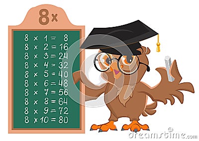 8 times table. Owl teacher math lesson cartoon illustration Vector Illustration