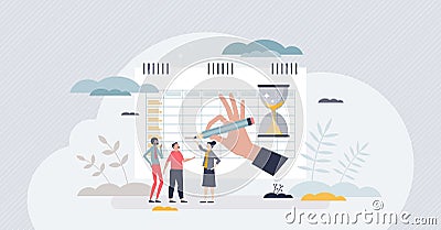 Timesheets and time schedule for personell work hours tiny person concept Vector Illustration