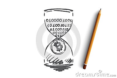 Timestamp, bitcoin, blockchain, currency, digital concept. Hand drawn isolated vector. Vector Illustration
