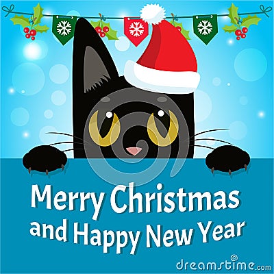 Timid Cat. Happy New Year Card With Cat Vector. Christmas Kitty With Red Santa Hat. Vector Illustration