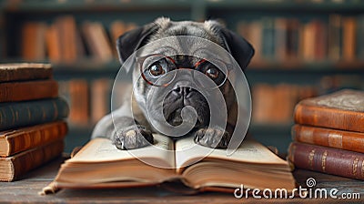 timid little pug with glasses opening book and reading for his finals Stock Photo
