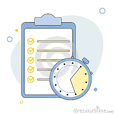 Timing concept with clock and checklist on clipboard. Paper test with timer, checklist, exam concept illustration flat Vector Illustration