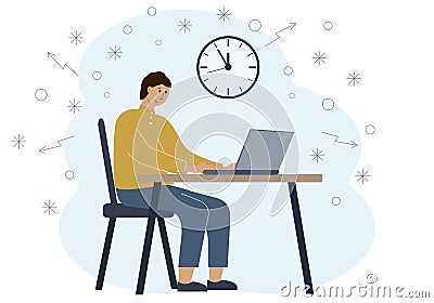 Timing concept in work or training. Illustration of a man in a workspace with a laptop Vector Illustration