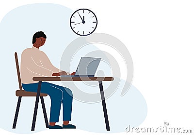 Timing concept in work or training. Illustration of a man in a workspace with a laptop Vector Illustration