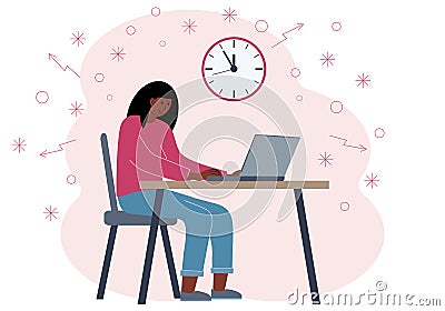 Timing concept in work or training. Illustration of a woman in a workspace with a laptop Vector Illustration