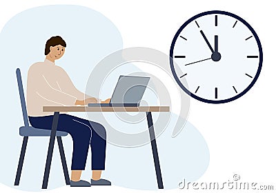 Timing concept in work or training. Illustration of a man in a workspace with a laptop Vector Illustration