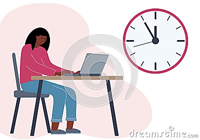 Timing concept in work or training. Illustration of a woman in a workspace with a laptop Vector Illustration