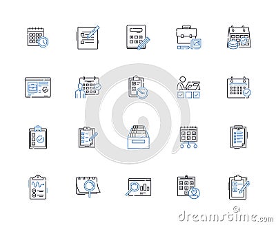 Timing line icons collection. Precision, Sequence, Tempo, Rhythm, Sync, Beat, Duration vector and linear illustration Vector Illustration