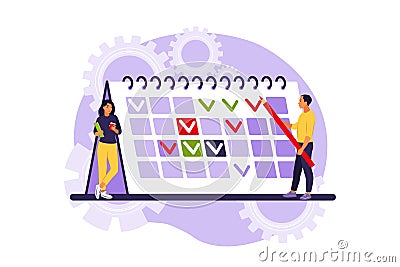 Timing and project scheduling. Concept of time management, work planning method, organization of daily goals and accomplishments. Vector Illustration