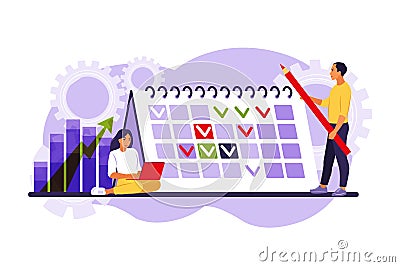 Timing and project scheduling. Concept of time management, work planning method, organization of daily goals and accomplishments. Vector Illustration