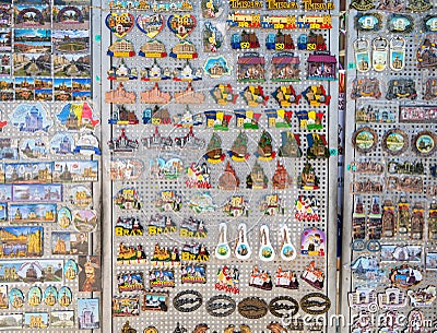 Fridge magnets souvenir on display in The center of Timisoara Editorial Stock Photo