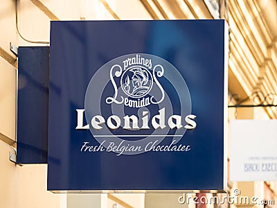 Leonidas Belgian Chocolates shop or store sign. Leonidas is a famous belgian chocolate brand Editorial Stock Photo