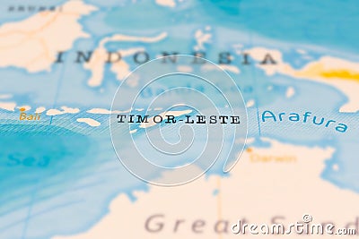 Timor-Leste in Focus on a Tilted World Map. Stock Photo