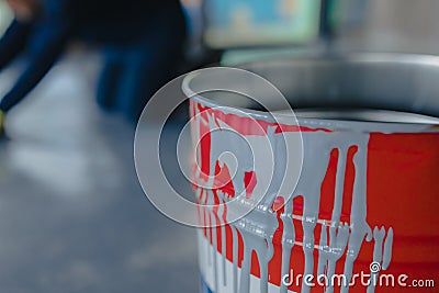 Tin bucket with toxic composition and epoxy resin inside Stock Photo