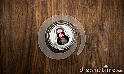 Tin can with beer on the background of wood texture Stock Photo