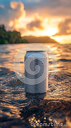 Tin can for drinks 330 ml on a background of the sea Stock Photo