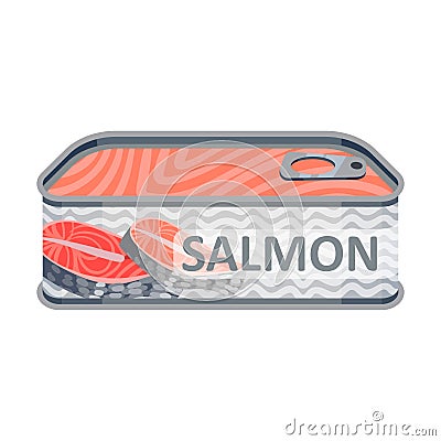 Rectangular tin can with pieces of salmon. Vector illustration on white background. Vector Illustration