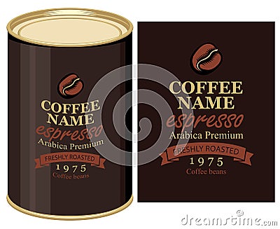 Tin can with label of coffe beans Vector Illustration
