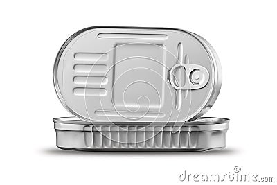 Tin can for new design with text, 3d rendering, template, view of fish canned in silver oval containers, face and profile closeup, Stock Photo