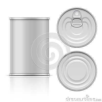 Tin can with ring pull: side, top and bottom view Vector Illustration
