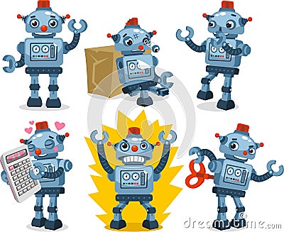 Tin can robot action set Cartoon Illustration