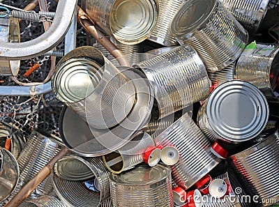 Tin cans empty in the junkyard of the EcoCentre Stock Photo