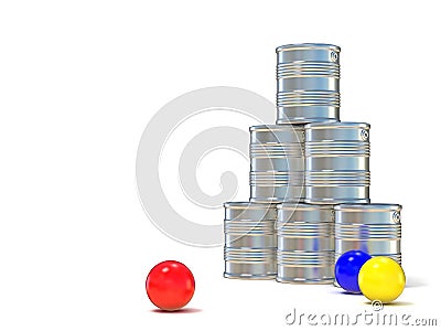 Tin cans and three balls. 3D illustration Cartoon Illustration