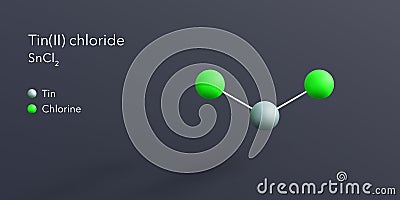 tin(ii) chloride molecule 3d rendering, flat molecular structure with chemical formula and atoms color coding Stock Photo
