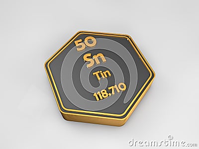 Tin - Sn - chemical element periodic table hexagonal shape Stock Photo