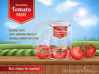 Tin tomato can, chicha sauce, red vegetables. Ad with field and blue sky, food or juice label, fresh nature fruits Vector Illustration