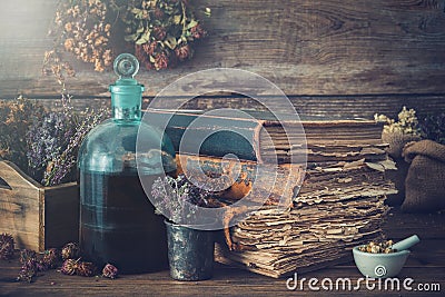 Tincture bottles, dry healthy herbs, old books, mortar, curative drugs. Herbal medicine. Stock Photo