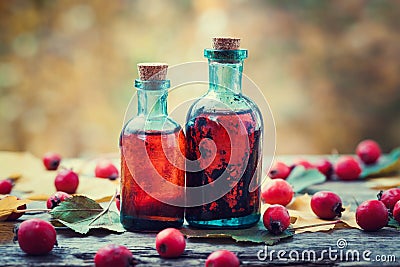 Tincture bottles of hawthorn berries and red thorn apples Stock Photo