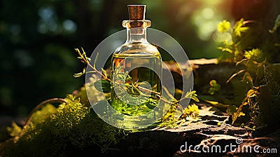 Tincture of herbs and flowers in a bottle. Herbal medicine. Generative AI Stock Photo