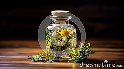 Tincture of herbs and flowers in a bottle. Herbal medicine.Generative AI Stock Photo