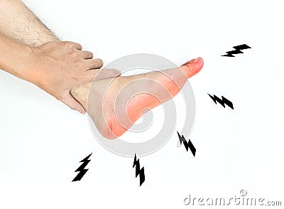 Tingling and burning sensation in foot of Asian young man with diabetes. Sensory neuropathy problems. Foot nerves problems Stock Photo