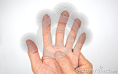Tingling and numbness in fingertips of Asian man with diabetes. Finger sensation, hand and nerves problems. Fine touch Stock Photo