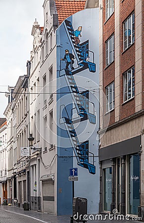 Tintin wall painting on side of house, Brussels, Belgium Editorial Stock Photo