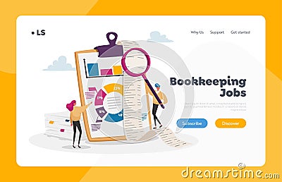 Tiny Accountants Make Accountant Report Landing Page Template. People Check Money Balance Calculate Bookkeeping Data Vector Illustration