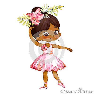 Tiny African American Ballerina Baby Girl Character Dancing Wearing Pink. Elegant Little Girl Child Posing Training Stock Photo