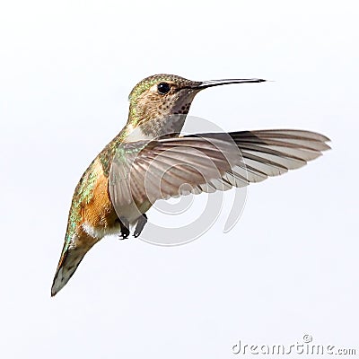 A Female Rufous Hummingbird Isolated in Flight Stock Photo