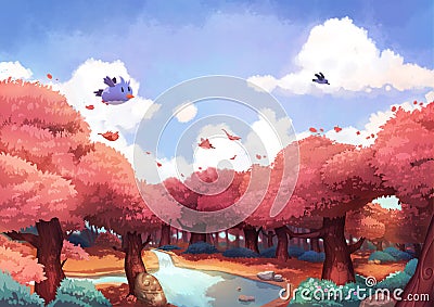 A Tiny Bird Flying Above a Beautiful Forest in the Morning. Stock Photo