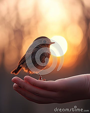 Tiny Bird Perched on Persons Hand Stock Photo