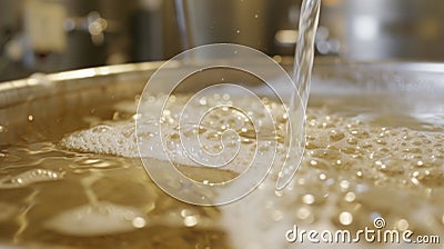 Tiny bubbles form on the surface of a tank during the secondary fermentation process where yeast converts sugar into Stock Photo
