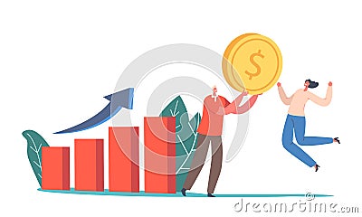 Tiny Business Characters with Huge Golden Coin near Grow Chart. Investment Strategy and Portfolio Analysis, Investment Vector Illustration