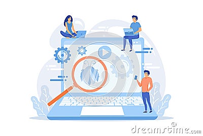 Tiny business people with digital devices testing demo software. Beta testing, new product testing, Vector Illustration