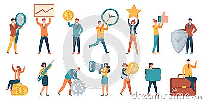 Tiny business people. Employee women and men with big money, light bulb, star, gear and magnifier. Office small work characters Vector Illustration