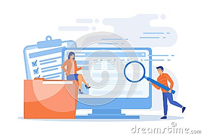 Tiny business people with magnifier work with document management on computer. Document management soft, document flow app, Vector Illustration