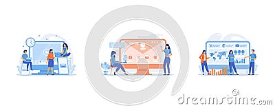 Tiny business people watching at digital devices screens and clock, Web developer working on company website, tiny people, Tiny Vector Illustration